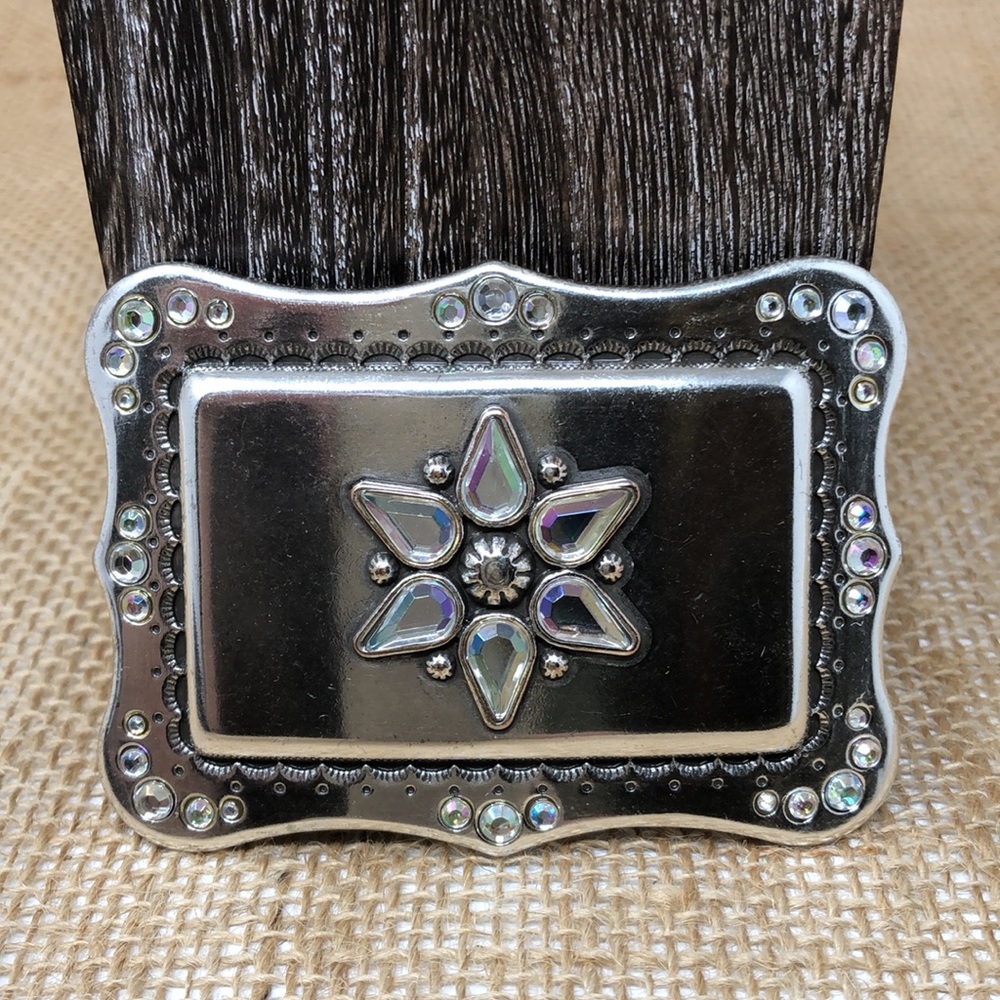 Belt buckle silver with iridescent rhinestones